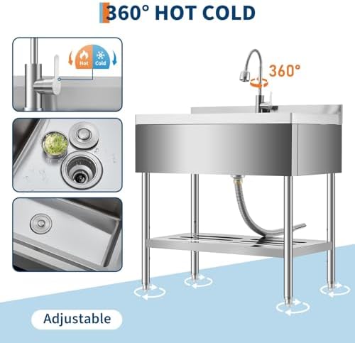 GarveeTech 35 in Freestanding Stainless Steel Utility Sink with Pull-Out Faucet, Adjustable Height Laundry Tub with Hot & Cold Water, Basket, Shelf & Drain Kit for Kitchen, Garage, Outdoor, Basement - Image 5