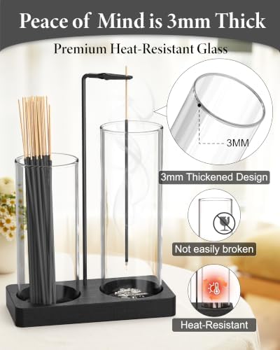 2 in 1 Incense Holder for Sticks with Glass Jars, Upside Down Anti-Ash Incense Stick Burner for Outdoor Patio, Vertical Incense Holder with Storage for Home Decor Spa Meditation and Black - Image 3