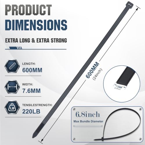 Large Zip Ties 24 inch,50 Pack Long Zip Ties Heavy Duty Big Black Cable Ties with 220 lb Tensile Strength. - Image 2
