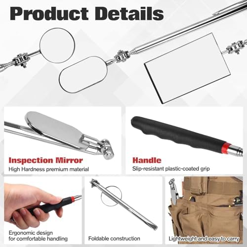 5 Pieces Telescoping Inspection Mirror Extendable Mechanic Mirrors Long Telescoping Auto Inspection Mirror 360°Swivel Head Rectangular Mechanic Mirrors for Observe Vehicle Small Parts - Image 3