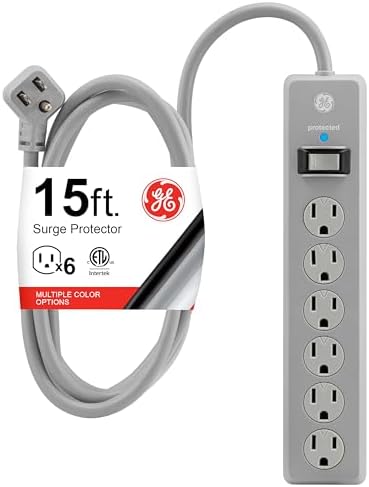 GE Surge Protector Power Strip, 15 Ft Extension Cord, 6 Outlet Extender, 800 Joules, Flat Plug, Twist-to-Close Safety Covers, UL Listed, Gray, 62457 by Unknown