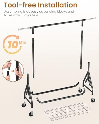 Heavy Duty Garment Rack, Metal Clothes Rack Load 450 LBS, Rolling Clothing Racks for Hanging Clothes with Lockable Wheels, Wardrobe Closet Coat Racks for Bedroom, Black - Image 6