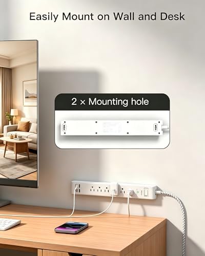 Surge Protector Power Strip 5FT, 10-in-1 with 6 AC Outlets 4 USB Ports(2 USB-C), Ultra Flat Plug Braided Extension Cord, Wall Mountable, 1080J Surge Protection, ETL Listed, White - Image 6