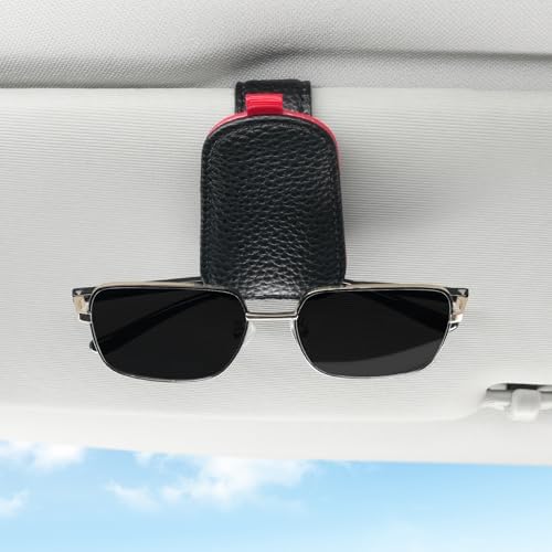 SINGARO Sunglasses Holder for Car, Leather Magnetic Buckle Sun Visor Sunglass Clip, Ticket Card Storage Glasses Clip, Car Interior Accessories for Men and Women（Black-red） - Image 4