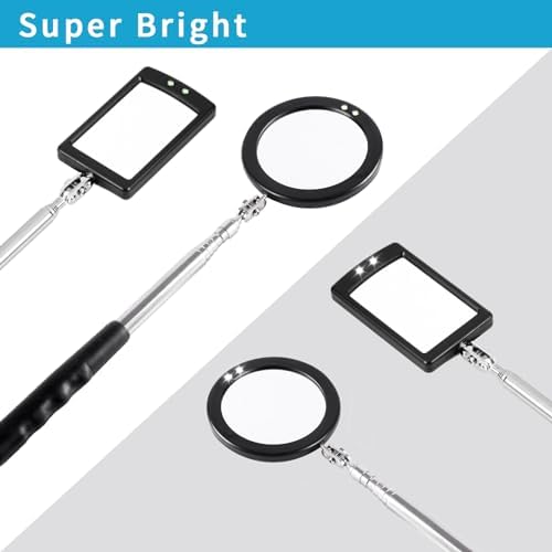 2 Pieces Telescoping Inspection Mirror LED Light Set with Large 3.75" Round Mirror, and 3.3" Square Mirror, Flexible 360 Swivel, for Inspection Viewing, Mechanic Checking, Observation - Image 5