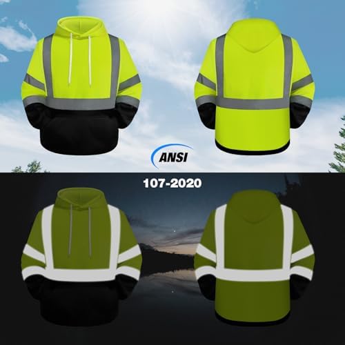 TCCFCCT Hi Vis Hoodie for Men Women Class 3 Safety Jacket Reflective, High Visibility Hoodie for Men Construction, Surveyors, Durable & Dirt-resistant with Black Bottom Part, WT-Yellow XL - Image 2