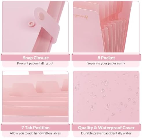SKYDUE Expanding File Folder, Accordion File Organizer with 8 Pockets, Expandable Document Paper Receipt Holder for School Office Hospital, Letter/A4 Size Pink - Image 2