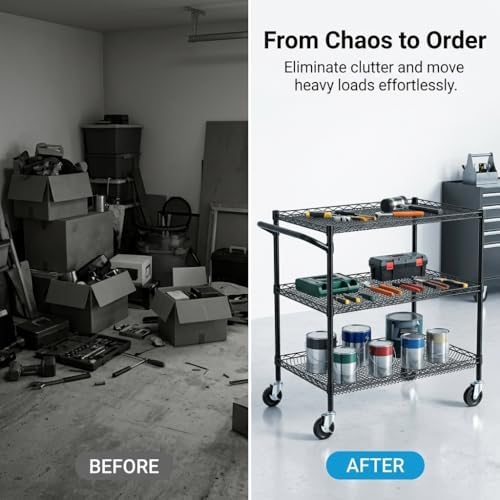 Finnhomy 3 Tier Heavy Duty Commercial Grade Utility Cart, Wire Rolling Cart with Handle Bar, Steel Service Cart with Wheels, Kitchen Carts on Wheels, Metal Cart Shelf Size 18" D x 36" W, NSF, Black - Image 4