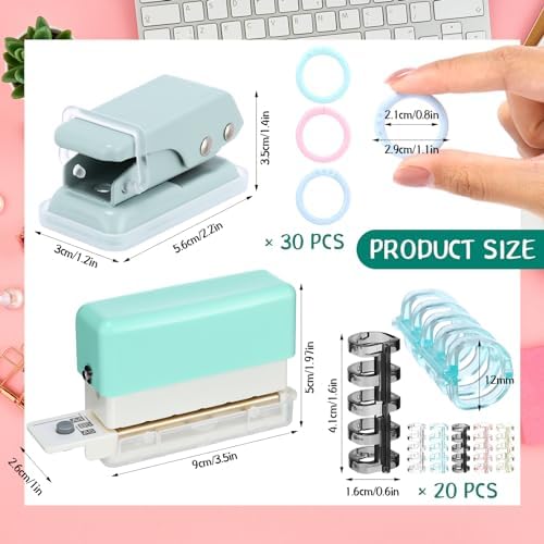 ReliThick 52 Pcs Binding Machine Set Includes 1 Pcs 6 Holes Binder Punch 1 Pcs Single Hole Binder Machine 20 Pcs 5 Ring Plastic Loose Leaf Binder Rings 30 Pcs Small Binder Rings for Home Office - Image 2