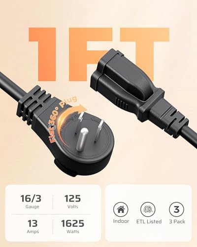 DEWENWILS 1FT 360° Rotating Flat Plug Extension Cord,16/3 Gauge, 3 Pack - Image 6