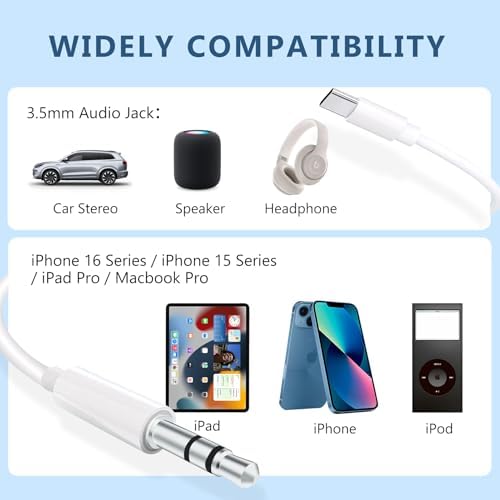 USB C to 3.5mm Audio Aux Jack Cable,3.3 ft, aux Cord for iPhone,Type C to 3.5mm Aux Headphone Stereo Cord Car Cable for iPhone 16/16 Pro, Samsung Galaxy S25 and Other iOS and Android Devices(White) - Image 2