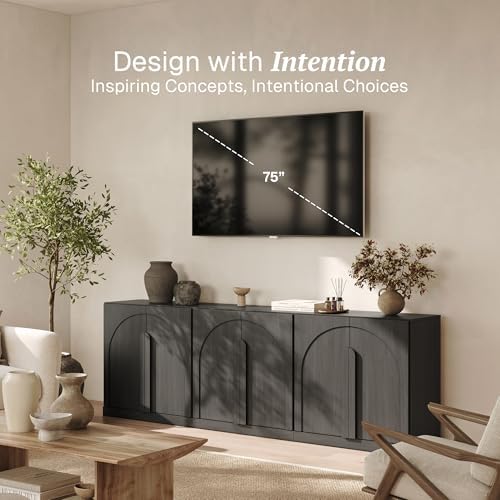 BELLEZE Bijou Modular Media Console Wall Unit (94.5" Wide)-Extra Long Entertainment Center & Storage System-Arched Door Sideboard for Living Room -Hides All Clutter, Ebony - Image 3