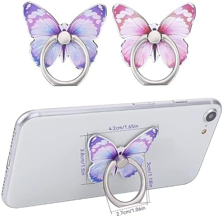 2 Pcs Butterfly Cell Phone Ring Stand Holder, Cute Butterfly Design Finger 360° Rotating Metal Hand Phone Stand Holder, with Adjustable Knob Loop (Purple, Pink) - Image 2