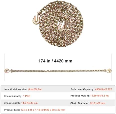VEVOR G80 Transport Binder Chain, 5/16" x 14.2' Tow Chain with Clevis Grab Hooks, 4900 lbs Safe Working Load, Heavy Duty Trailer Logging Chain for Transporting Towing Truck Tie Down Binding Equipment - Image 7