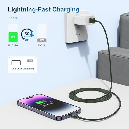 3 Pack Apple MFi Certified Charger Cable 6Ft, Lightning to USB Cable Cord 6 Foot, 2.4A Fast Charging,Apple Phone 6 Feet Long Chargers for iPhone 14/13/12/11/X/XS/XR/SE/8/7/6/5 Plus Pro Max Mini Olive - Image 4