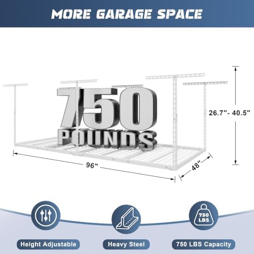 Jusgym 4X8FT Overhead Garage Storage Rack, 26"-40" Height Adjustable Garage Ceiling Storage Racks, Heavy Duty Metal Overhead Storage Organizer System, 750LBS Weight Capacity, White - Image 2