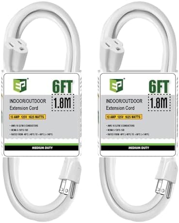 EP 6 FT Outdoor Extension Cord, 16/3 SJTW Heavy Duty White 2PK, ETL Listed by ENERGYPRO