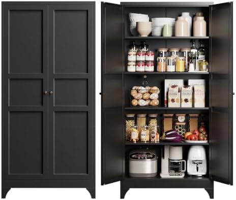 Yizosh Metal Storage Cabinet with 2 Doors and 4 Adjustable Shelves,- 72" Black Kitchen Pantry Storage Cabinet for Kitchen,Living Room,Dining Room by Yizosh