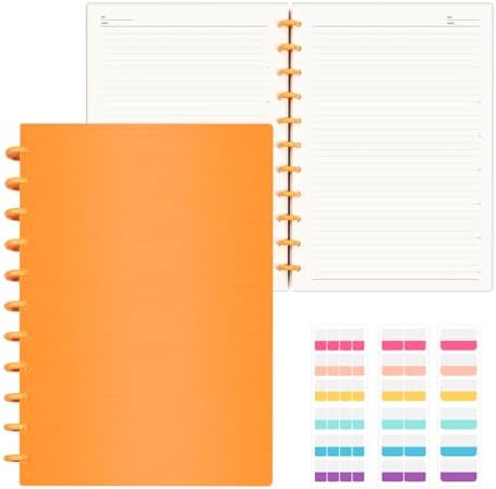 Discbound Notebook, 8-Disc Disbound Planner with Removable Pages, 180 Pages Spiral Notebook, Poly Cover Discbound Planner for Work, Travel, Note Taking(With Index Sticker),Orange,A4 by Mosabear