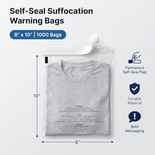 8" X 10" (1000 Count) Self Seal Clear Poly Bags with Suffocation Warning - Image 2