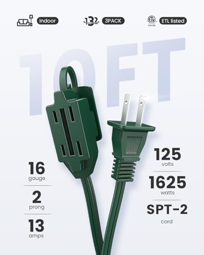 PLUGTUL Green Indoor Extension Cord 10 FT | 2 Prong Extension Cord, 3 Polarized Outlets with Safety Cap Protect for Home Office, 16/2 SPT-2 ETL Listed, 3 Pack - Image 2