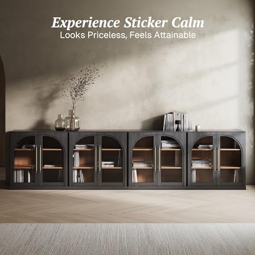 BELLEZE Set of 4 Modular Sideboard with Arched Glass Door, 130'' Accent Buffet Cabinet with Storage and Adjustable Shelves,Classic Modern Credenza for Living Room Kitchen Entryway (Ebony) - Image 4