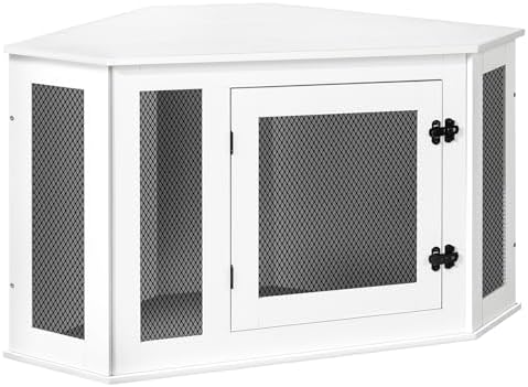 MAHANCRIS Corner Dog Crate Furniture, Wooden Dog Kennel End Table, Decorative Pet Crate Indoor Use, Furniture Style Dog House for Small Medium Dog, Dog Cage TV Stand, White and Black DCWT0801 by MAHANCRIS