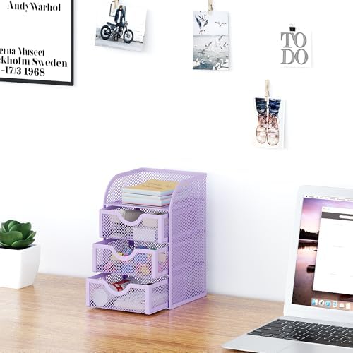 EasyPAG Mesh Desk Organizer with 3 Drawer Office Desktop Organizers and Accessories Stationery Caddy for Office, Home, Students, Purple - Image 5