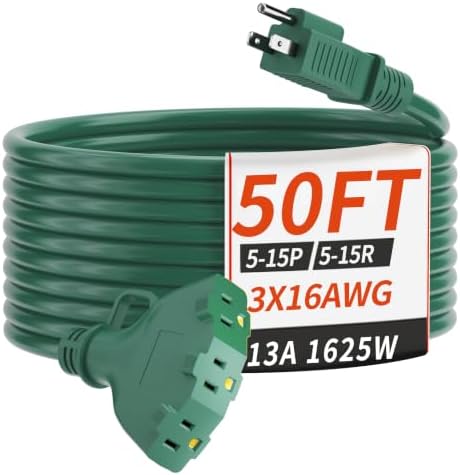 PlugSaf 50 FT 16/3 Outdoor Extension Cord with Multiple Outlets Green by PlugSaf