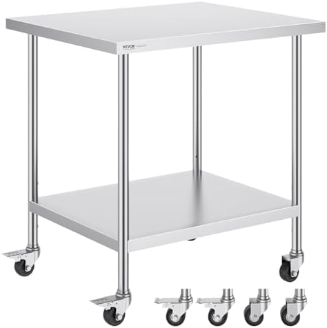 VEVOR Stainless Steel Work Table 30 x 36 x 38 Inch, with 4 Wheels, 3 Adjustable Height Levels, Heavy Duty Food Prep Worktable for Commercial Kitchen Restaurant, Silver by VEVOR