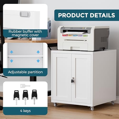 Large Printer Stand with Storage and Lock, 3D Heavy-Duty Printer Cabinet, Printer Table for Home Office with Doors and Adjustable Shelves, for Office Copier and Fax Machine, White - Image 6