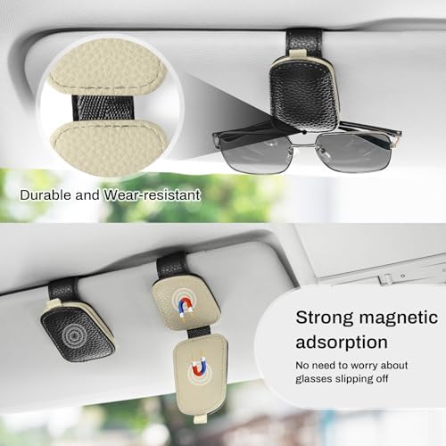 SINGARO Sunglasses Holder for Car, Leather Magnetic Buckle Sun Visor Sunglass Clip, Ticket Card Storage Glasses Clip, Car Interior Accessories for Men and Women（2PCS Black-Beige） - Image 7