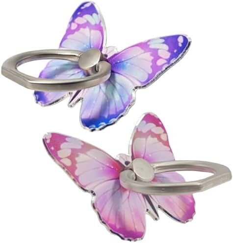 2 Pcs Butterfly Cell Phone Ring Stand Holder, Cute Butterfly Design Finger 360° Rotating Metal Hand Phone Stand Holder, with Adjustable Knob Loop (Purple, Pink) by HZZADZXW