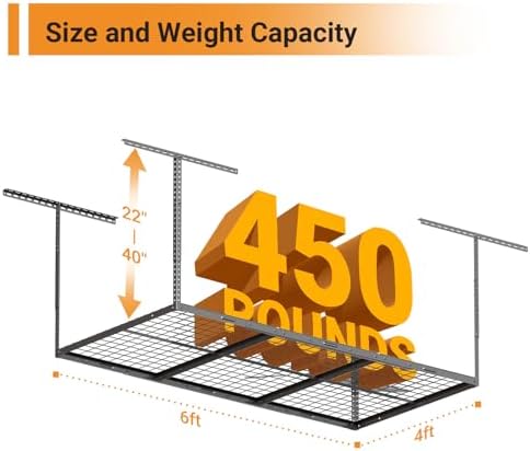 4x6ft Overhead Ceiling Garage Storage Rack, 450LBS Capacity, Black - Image 2