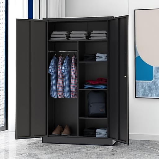 Letaya Metal Storage Cabinets Locker with Lock Door, 72'' Clothing Coat Steel Storage Freestanding Wardrobe for Office, Home, School, Employee,Gym,Fire Department (Black) - Image 5