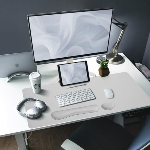 Bloss Leather Desk Pad and Keyboard Wrist Rest, Large Mouse Pad + Keyboard Pad+Mouse Wrist Support, Non-Slip Desk Mat Protector for Office, Home(35.4×15.7 Inches, Light Grey) - Image 2