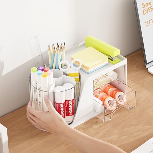Marbrasse Desk Organizer with 2 Drawer, 360°Rotating Pen Holder, Desk Organizers and Accessories with 6 Slots Pencil Organizer + 2 Drawer, Art Supply Storage Box Caddy for Office (White) - Image 6