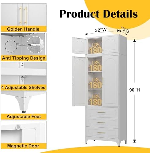 SteeLoong 90”Kitchen Pantry Cabinet, Metal Storage Cabinet with 3 Drawers - Image 2