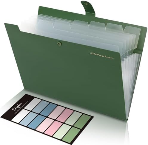SKYDUE Expanding File Folders with 8 Pockets, Accordion File Organizer with Labels, Portable Paper Bill Receipt Organizer, Letter Size, Home School Office Supplies, Olive Green by SKYDUE