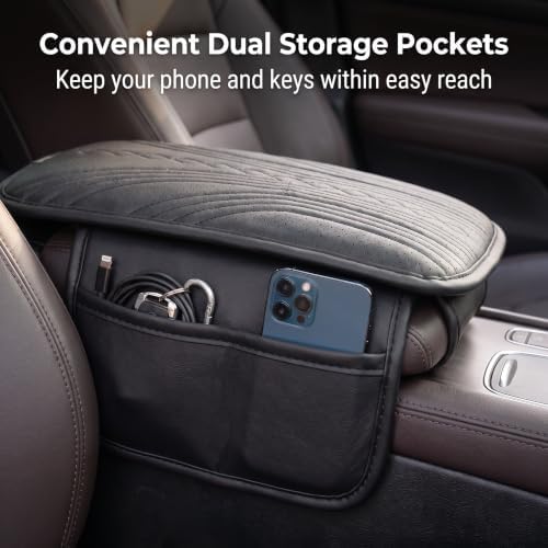 Leather Car Armrest Cover Cushion with Dual Side Storage Pockets, 12.60"×3.15" Breathable Center Console Protector Pad, Comfort Auto Arm Rest Mat Interior Accessories for Cars (Black) - Image 5