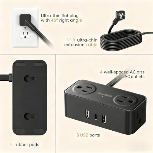 SMALLRT 2 Pcs Power Strip with USB C,3.3FT Flat Plug Extension Cord Indoor - Image 6