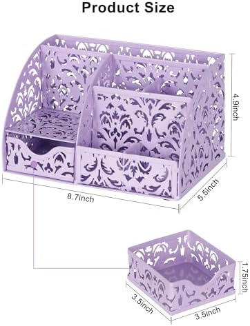 EasyPAG Pen Holder Desk Organizer with Drawer Pencil Cup for Desk 6 Compartments Metal Office Caddy Storage with Sticky Notes Holder for School Home Office, Purple - Image 7