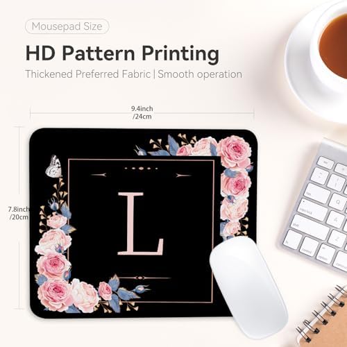 Letter L Black and Pink Flowers Square Mouse Pad, Mouse Pad with Stitched Edge and Non-Slip Rubber Base,Mouse Mat,Home Office Decor Desk Accessories,9.4x7.8x0.12 inch Square Mouse Pad - Image 4