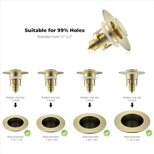 Hibbent 2 Pack All Metal Universal Bathroom Sink Stopper for 1.1''~2.3'' Basin, Pop Up Sink Drain Strainer, Brass Core Push Type Stopper, Stainless Steel Anti Clogging Drain Filter, Brushed Gold - Image 5