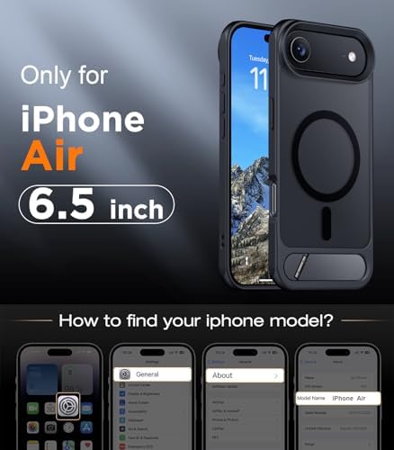 Temdan Designed for iPhone Air Case, [Built-in Invisible Kickstand][Compatible with MagSafe][Military Grade Shockproof] Slim Translucent Matte Phone Case for iPhone 17 Air 6.5 inch (Black) - Image 2