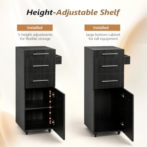 OmySalon Salon Cart with Wheels, Hair Styling Station Trolley with 3 Drawers, Adjustable Shelf & Hair Dryer Holder, Mobile Beauty Cabinet for Barber, Spa, Nail Salon, Black Oak - Image 6