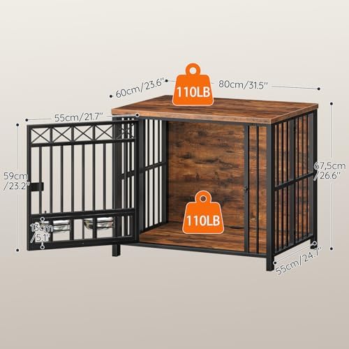 HOOBRO Foldable Dog Crate Furniture with 360° Rotating Double Bowls, Dog Crate End Table, Foldable for Travel, Holds 110 lb, for Small to Medium Dogs, Rustic Brown and Black BF61GW03 - Image 2