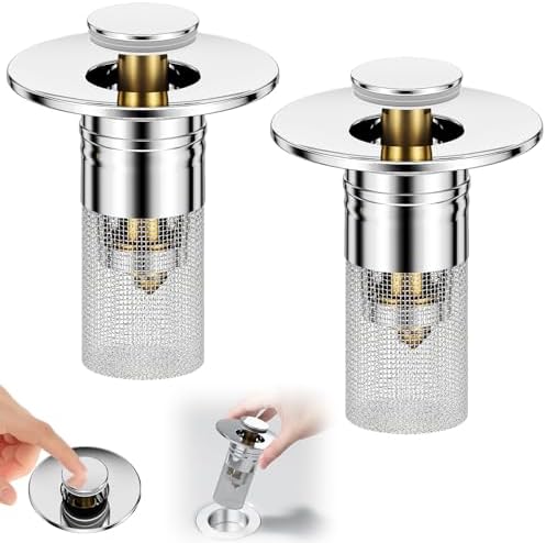Vodolo 3 in 1 Sink Drain Strainer with Hair Catcher,2PCS Stainless Steel Popup Sink Stopper with Basket for Bathroom Kitchen Shower,Pop-up Bounce Core Floor Basin Drain Filter,Replacement Sink Plug by Vodolo