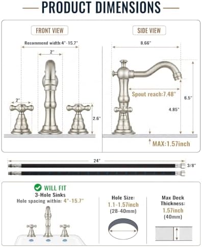 gotonovo Bathroom Faucet 3 Hole Vintage, Brushed Nickel, H C Label - Image 6