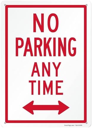 SmartSign 14 x 10 inch “No Parking Any Time” Metal Sign with Bidirectional Arrow, 40 mil Laminated Rustproof Aluminium, White and Red, Made in USA by SmartSign